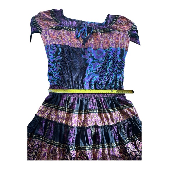 Hale Bob Silk Blend Dress Off Shoulder Patchwork  Purple Peasant Festival Size M - Picture 14 of 16